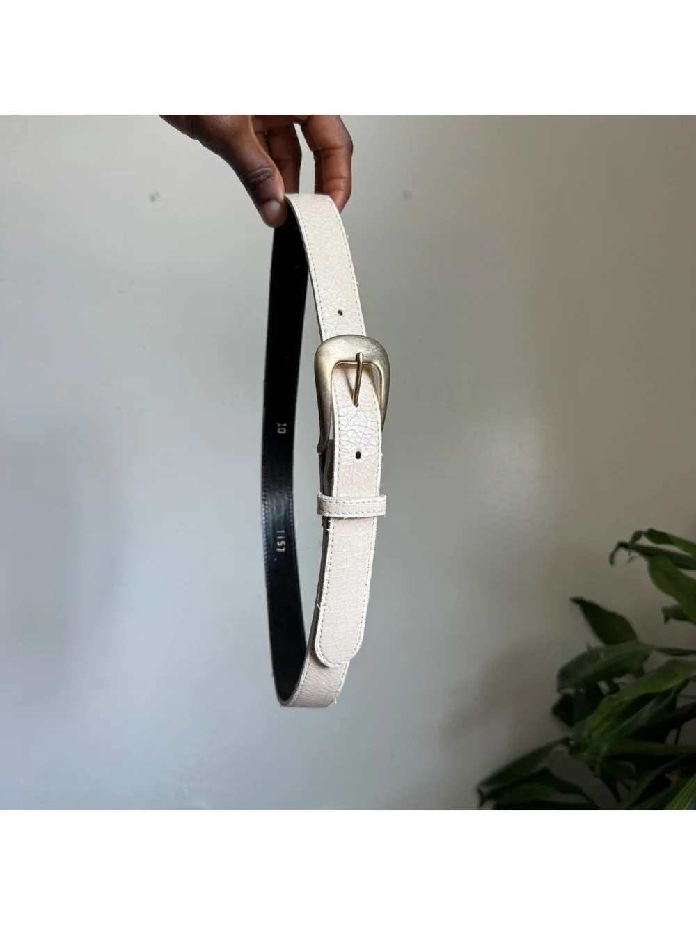 90s Cream Crackle Leather Belt Brass Buckle Size 10 Off White